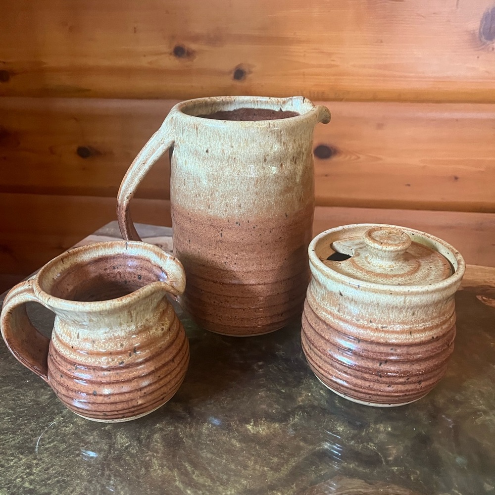 Handmade Pottery Jug & Creamer with Covered Sugar Bowk